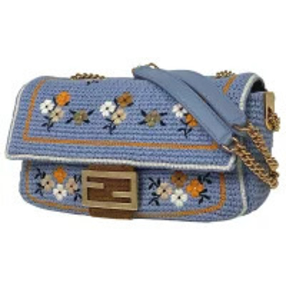 Fendi Mamma Bucket Knitted Chain Embroidered Floral Shoulder Bag Wool Blue